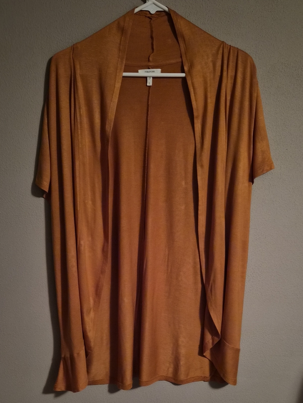 Maurices Open-Front Short Sleeve Tunic Cardigan in Rust/gold.